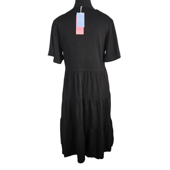 NWT | Black Tiered Ruffle Short Sleeve V-Neck Dress Zipper & Pockets | Medium - Picture 2 of 5